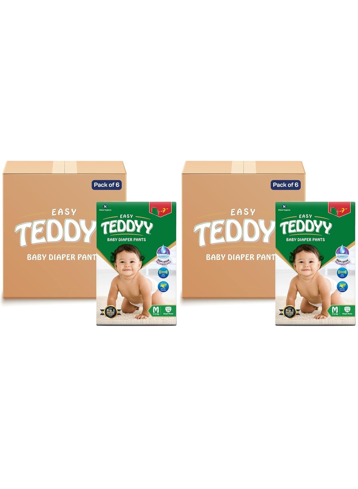 TEDDYY Easy Baby M Size Diaper Pant Style | 14 Count (Medium) | 7–12 kg (Pack of 12) | Long Protection Hours | Anti-Bacterial | Airy Breathable Fit | Rapid Soaker Channels with Wetness Indicator