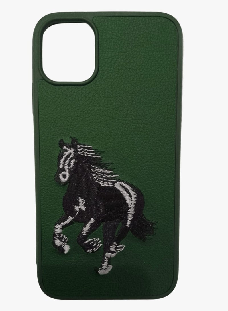 كيس جراب هاتف مضاد للصدمات بتصميم تطريز حصان لهاتف آيفون 13 باللون الاخضر