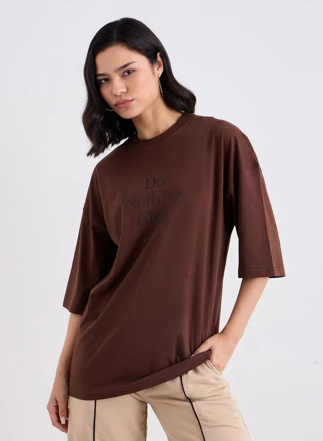 Slogan Print Oversized Longline 100% Cotton T-Shirt