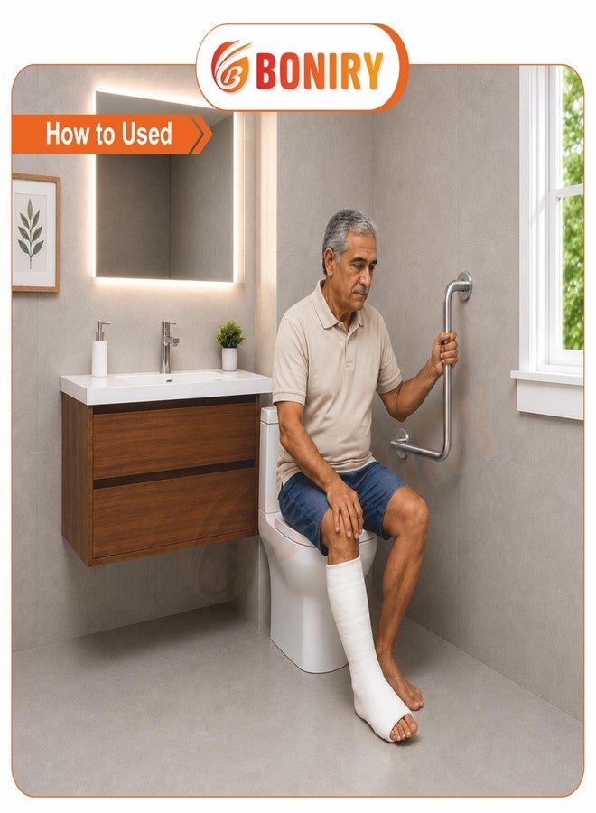 Boniry Stainless Steel L-Shaped Grab Bar for Toilet Bathroom Safety | Wall-Mounted Handicap Support Rail for Elderly & Disabled | Anti-Slip & Rust-Resistant Design (Silver, Pack of 1) - Image 2