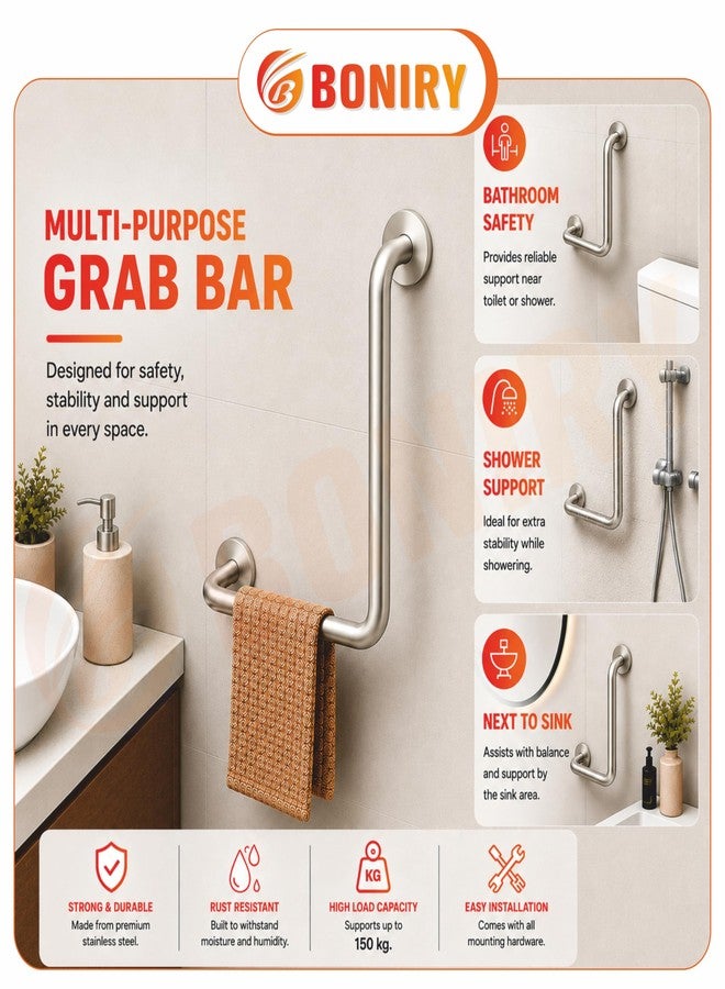 Boniry Stainless Steel L-Shaped Grab Bar for Toilet Bathroom Safety | Wall-Mounted Handicap Support Rail for Elderly & Disabled | Anti-Slip & Rust-Resistant Design (Silver, Pack of 1) - Image 5