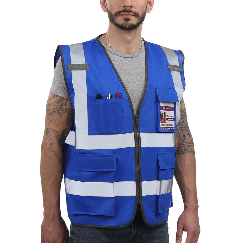 Dib Safety Reflective Vest High Visibility with Pockets and Zipper, Blue L - Image 3