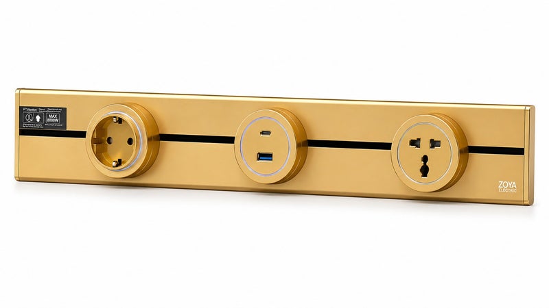 Track Socket  Golden 60cm with English socket + German socket + Type-C socket input and USB port