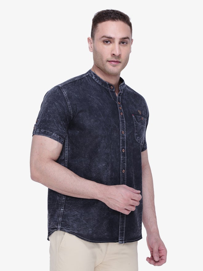 KUONS AVENUE Men Grey Denim Mandarin Collar Shirt - Image 1