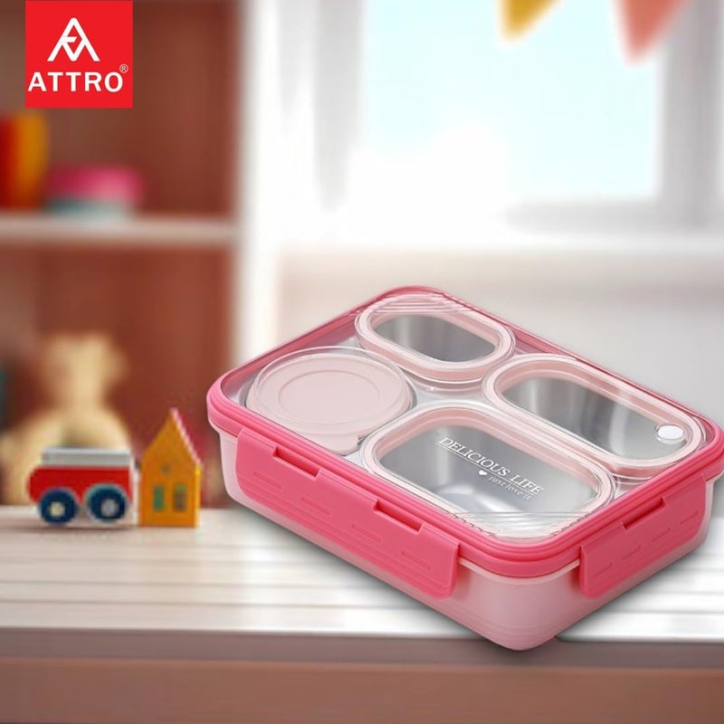 ATTRO Relish 4 Lunch Box Comes with 4 Inner Steel Compartments 1 Small Bowl with lid 1 Spoon Chopstick AirTight Leakproof 800ml 150ml Pink - Image 4