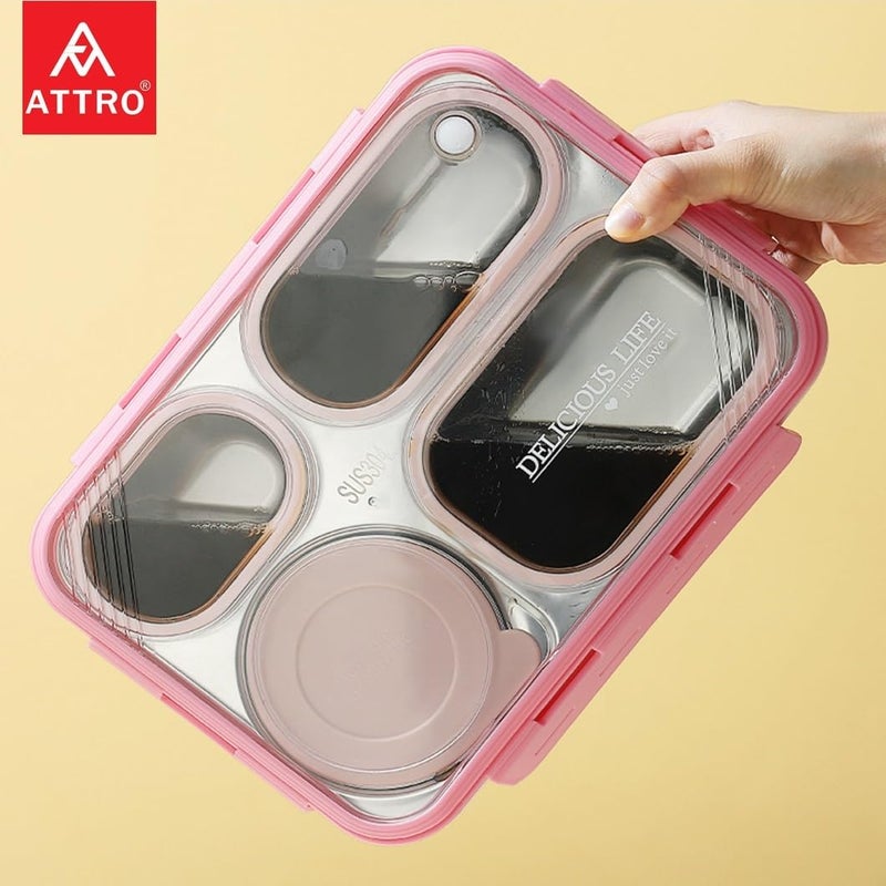ATTRO Relish 4 Lunch Box Comes with 4 Inner Steel Compartments 1 Small Bowl with lid 1 Spoon Chopstick AirTight Leakproof 800ml 150ml Pink - Image 3