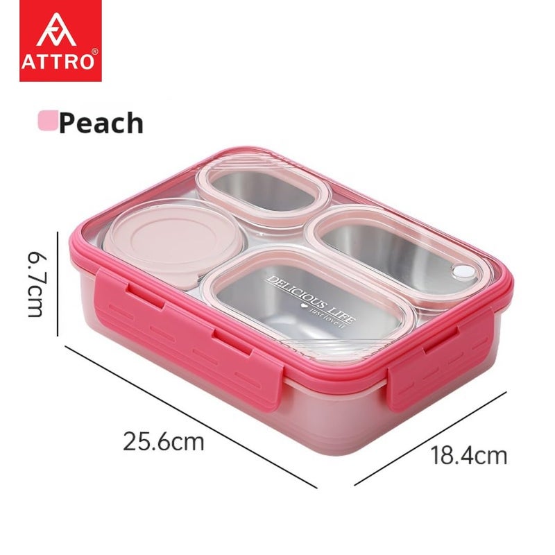 ATTRO Relish 4 Lunch Box Comes with 4 Inner Steel Compartments 1 Small Bowl with lid 1 Spoon Chopstick AirTight Leakproof 800ml 150ml Pink - Image 2
