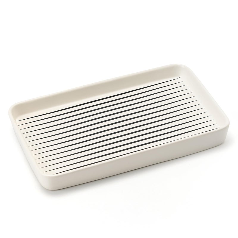 Pottify 10"Ã—6"Ã—1" White Bathroom Vanity Tray for Countertop- Ceramic Decorative Organizer Tray for Dresser Tops, Toilet, Perfume, Sponge Holder Soap Dish Dispenser for Kitchen Counter- Black Stripes - Image 2