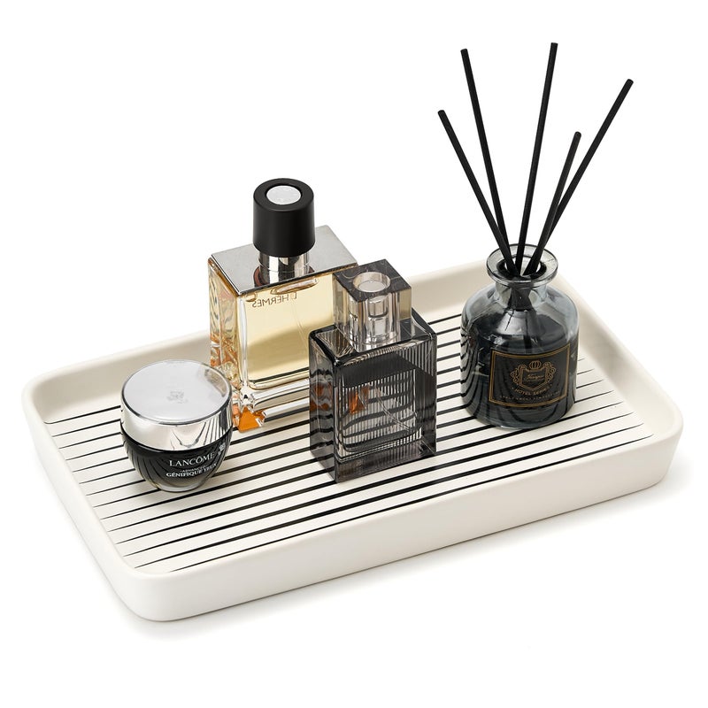 Pottify 10"Ã—6"Ã—1" White Bathroom Vanity Tray for Countertop- Ceramic Decorative Organizer Tray for Dresser Tops, Toilet, Perfume, Sponge Holder Soap Dish Dispenser for Kitchen Counter- Black Stripes - Image 1
