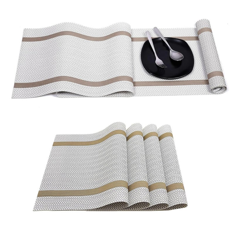 KitchEase Dining Table Placemats Runner Set Heat Resistant Washable Stain Resistant Woven Vinyl Mats Table Runner 4 Placemats Set for Stylish Dining 45x30 cm Placemats 180x30 cm Runner - Image 1