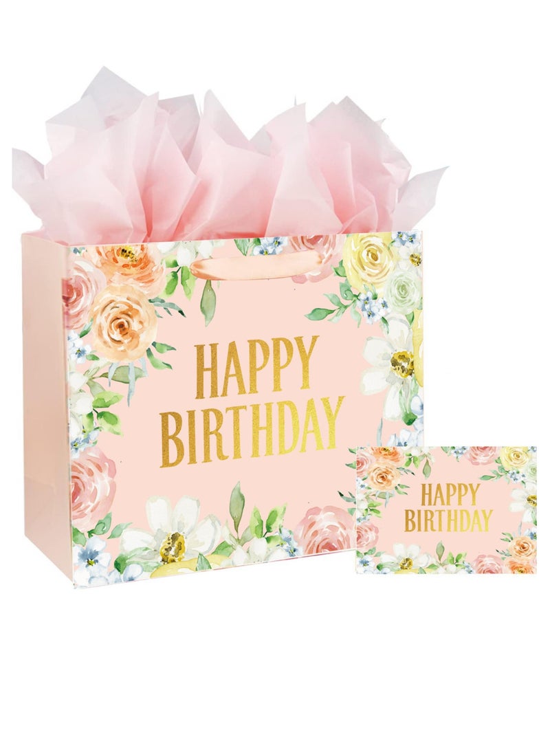 حقيبة هدايا عيد ميلاد كبيرة مقاس 13 بوصة مع ورق مناديل وبطاقة للفتيات والأطفال والنساء وأعياد الميلاد