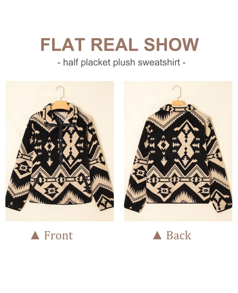 SELINK Womens Western Aztec Sweatshirt Half Placket Plush Casual Ethnic Tribal Fleece Long Sleeve Pullover Tops Khaki-S - Image 4