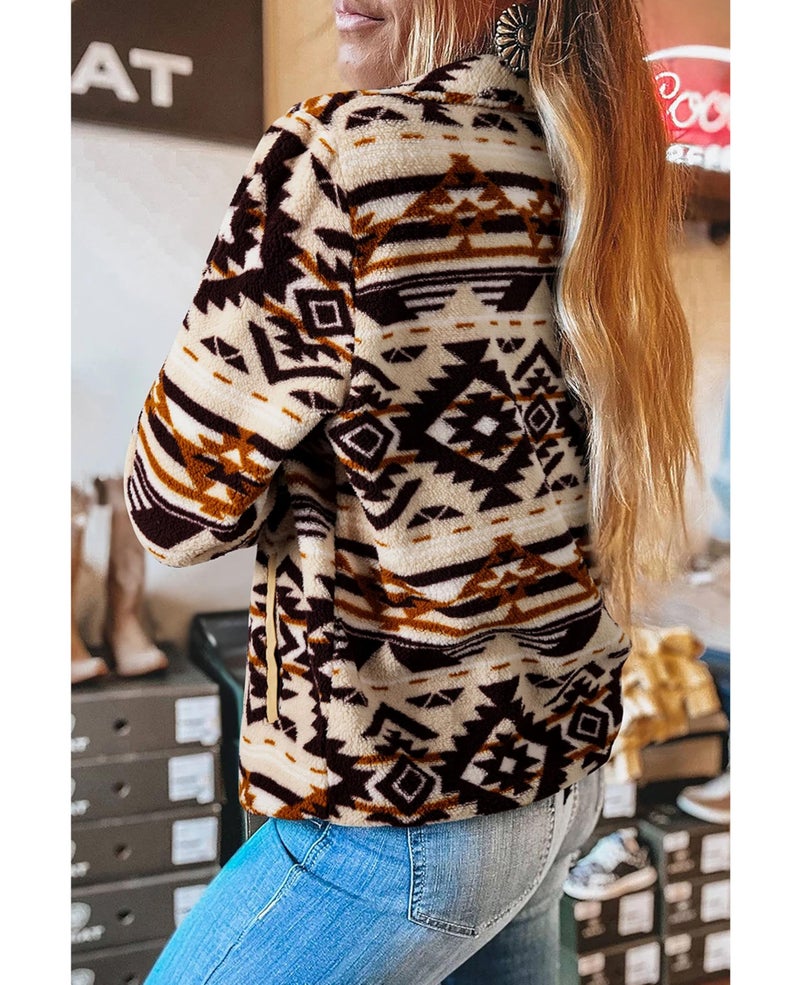 SELINK Womens Western Aztec Sweatshirt Half Placket Plush Casual Ethnic Tribal Fleece Long Sleeve Pullover Tops Khaki-S - Image 2