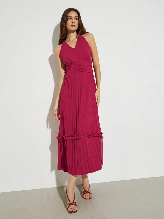 Styli Red Strappy Pleated Maxi Dress