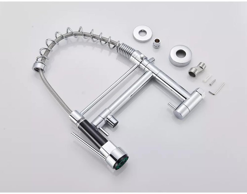 B BACKLINE صنبور حائط من النحاس B Backline مع 2 فوهة لصنبور المطبخ مع رشاش قابل للسحب صنبور مطبخ بمقبض واحد صنبور ماء مطبخ كروم - Image 4