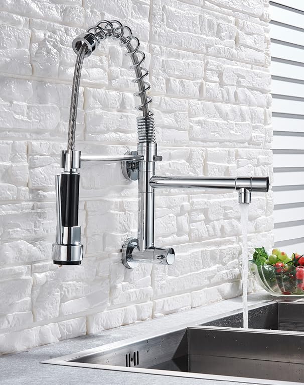 B BACKLINE صنبور حائط من النحاس B Backline مع 2 فوهة لصنبور المطبخ مع رشاش قابل للسحب صنبور مطبخ بمقبض واحد صنبور ماء مطبخ كروم - Image 2