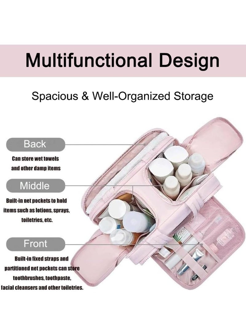 Toiletry Bag, Waterproof Portable Makeup Bag, Large Capacity Wide-Open Travel Cosmetic Bags, 4-in-1 Multi-Functional Travel Toiletry Bags for Women with Handle (Pink) - Image 4