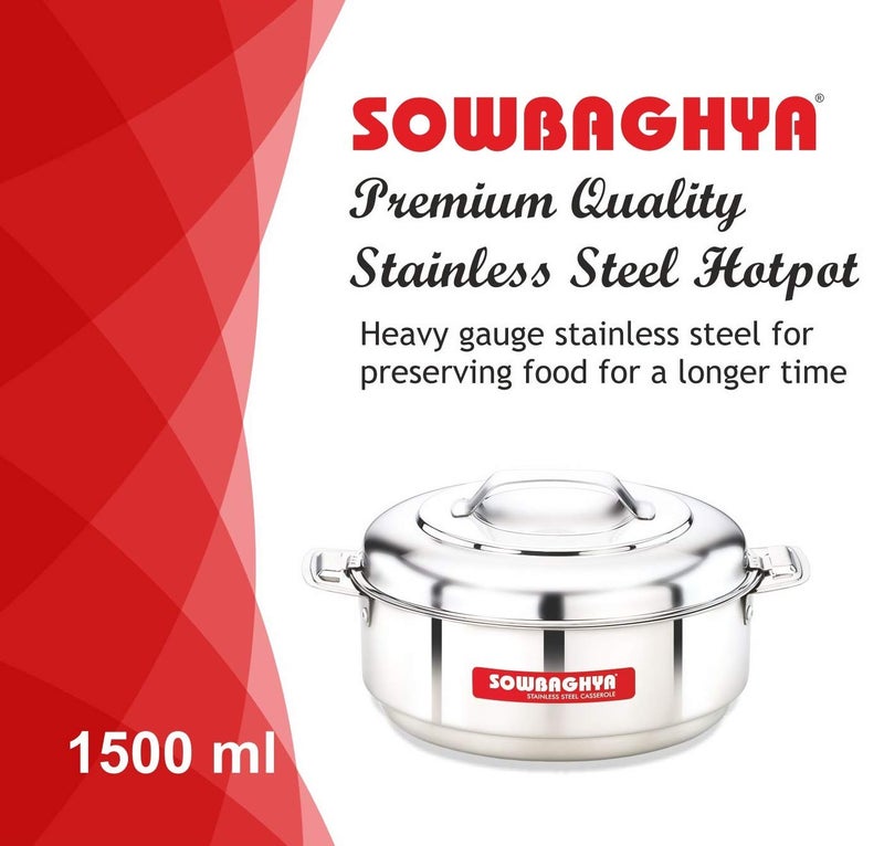 SOWBAGHYA Stainless Steel Solid Casserole, (Silver, 1500 ml) Silver Stainless Steel Solid Casserole | Hot Pot for Meal chapati Curry roti | Dishwasher Safe - Image 2