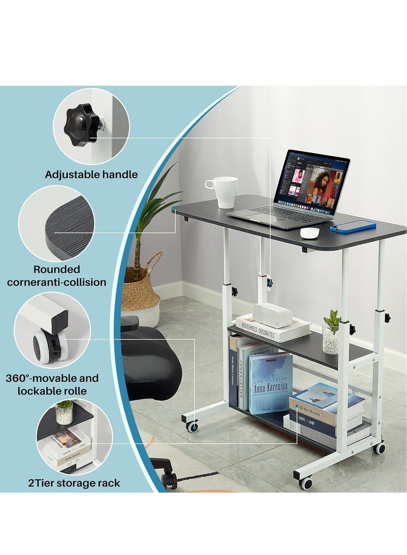MIXDE Home Office Desk, Height Adjustable Laptop Table with Shelf, Portable Small Computer Desk with Rolling Wheel, Modern Side Table for Work Study Reading,Stable and Durable - Image 3