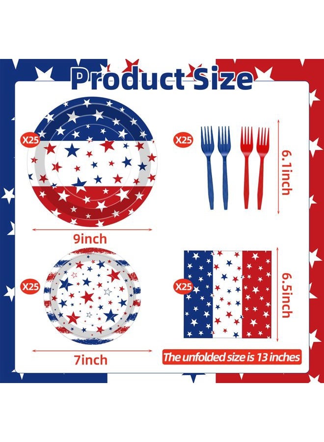 Merriva 100 Pcs Patriotic Party Supplies Set, Serves 25 – Disposable Red White Blue Star Paper Plates, Napkins, and Forks, American Flag Themed Tableware for 4th of July, Memorial Day, Labor Day Decorations - Image 2