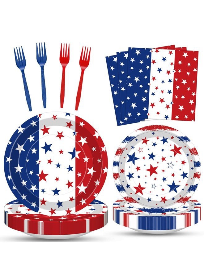 Merriva 100 Pcs Patriotic Party Supplies Set, Serves 25 – Disposable Red White Blue Star Paper Plates, Napkins, and Forks, American Flag Themed Tableware for 4th of July, Memorial Day, Labor Day Decorations - Image 1