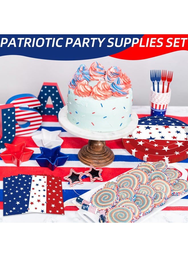 Merriva 100 Pcs Patriotic Party Supplies Set, Serves 25 – Disposable Red White Blue Star Paper Plates, Napkins, and Forks, American Flag Themed Tableware for 4th of July, Memorial Day, Labor Day Decorations - Image 4
