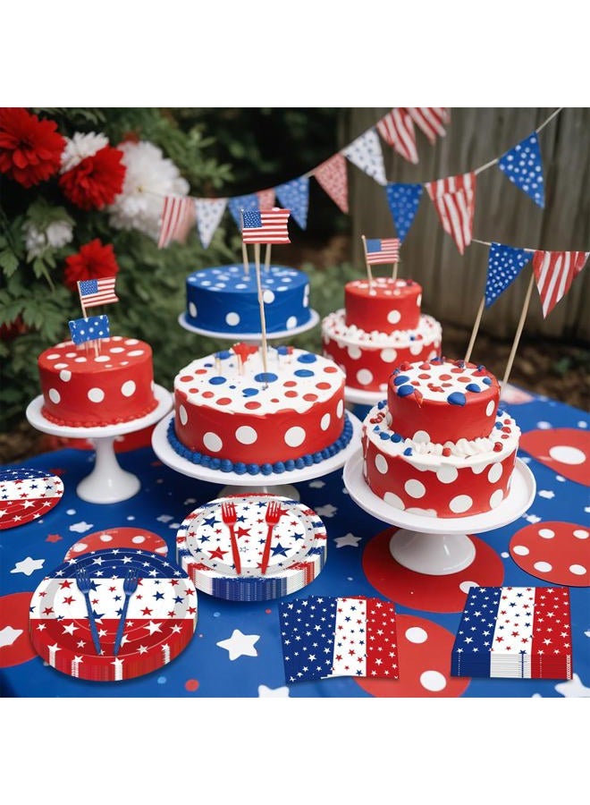 Merriva 100 Pcs Patriotic Party Supplies Set, Serves 25 – Disposable Red White Blue Star Paper Plates, Napkins, and Forks, American Flag Themed Tableware for 4th of July, Memorial Day, Labor Day Decorations - Image 5