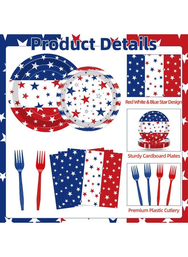 Merriva 100 Pcs Patriotic Party Supplies Set, Serves 25 – Disposable Red White Blue Star Paper Plates, Napkins, and Forks, American Flag Themed Tableware for 4th of July, Memorial Day, Labor Day Decorations - Image 3