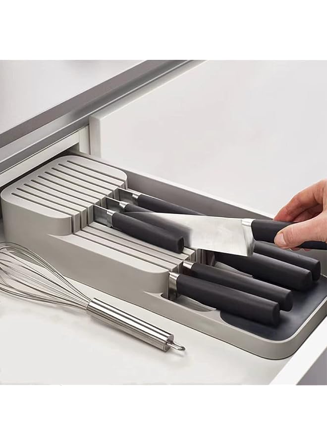 Raxoom Plastic Knife Block Holder Drawer Knives Storage Rack Knife Stand Cabinet Tray Kitchen Drawer Cutlery Organizer Tableware Container(Grey) - Image 1