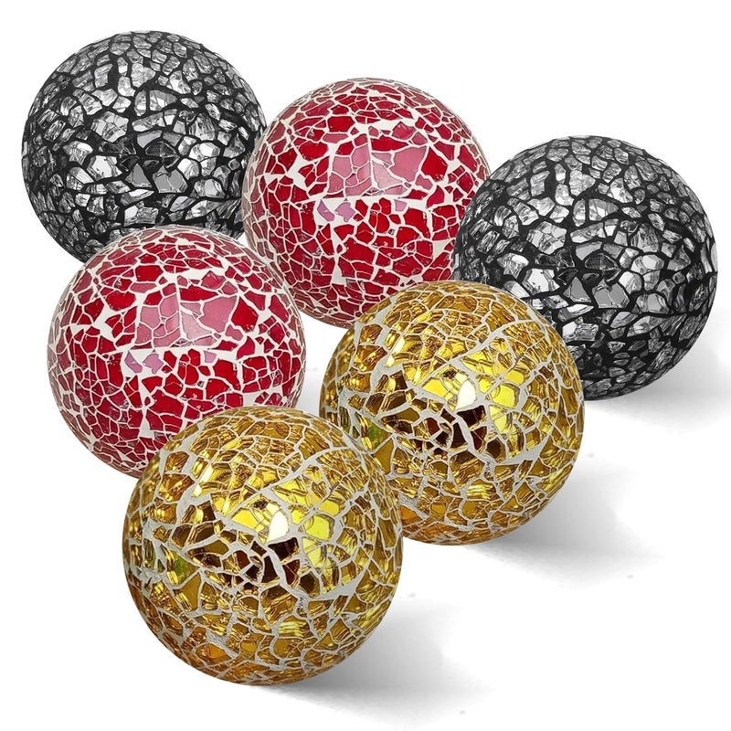 3 in Decorative Orbs Glass Balls Set of 6Mosaic Sphere globe for Whole HousewaresWeddingBirthdayBowlsVases Dining Table CenterpiecesGoldBlackRed