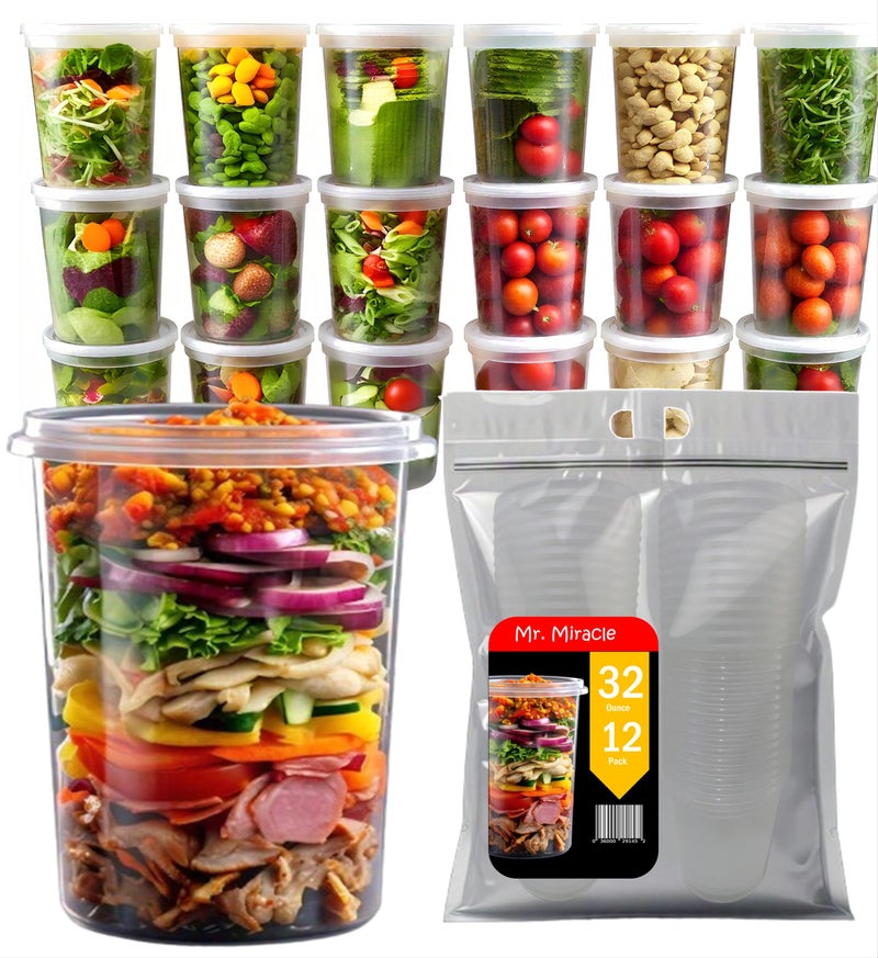 Mr. Miracle Mr Miracle Deli Containers with Lids - 12 Pack of 32 oz Clear Airtight Reusable Plastic Food and Multi-Purpose Containers - Microwave, Freezer, and Dishwasher Safe - Image 1