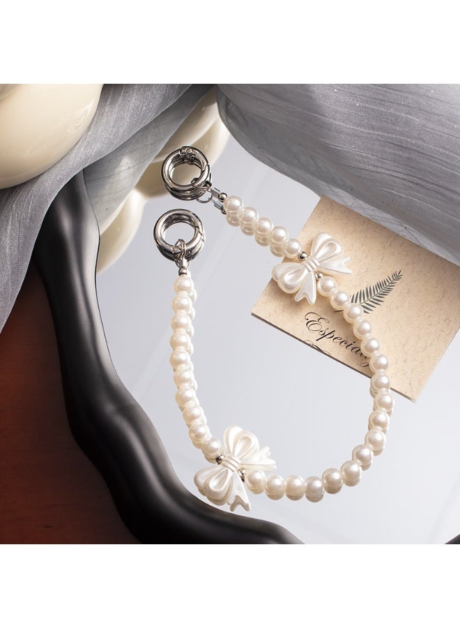 NIBEMINENT Beaded Phone Lanyard, Anti Lost Removable Wrist Strap, Short Sleeve Pearl Bracelet Pendant, Phone Keychain Lanyard, White