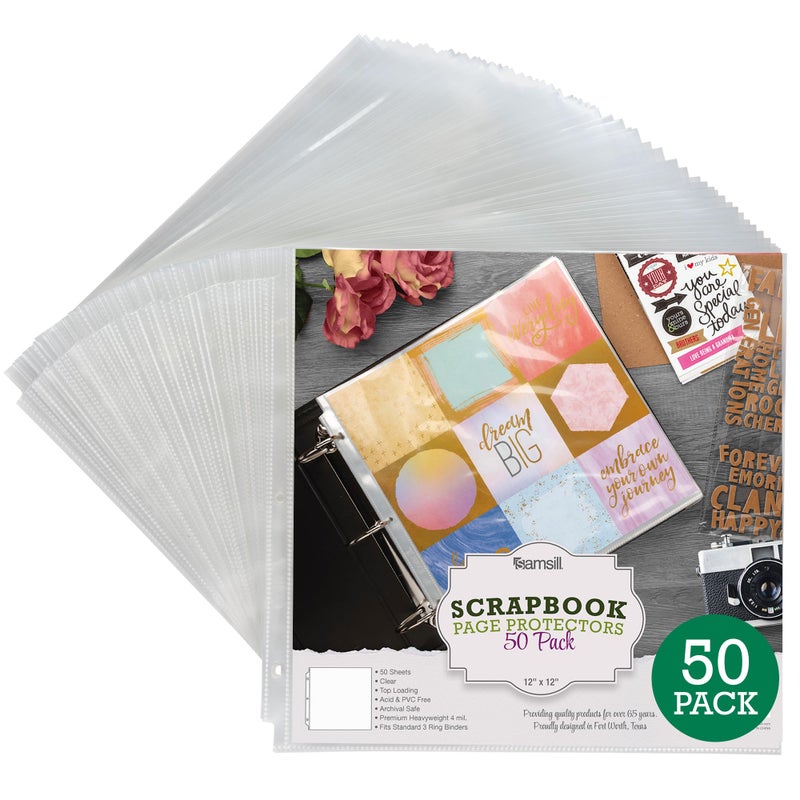 Samsill Scrapbook Refill Pages 12x12 Inch 50 Pack Fits 3 Ring Scrapbook Binders and 12x12 Photo Albums TopLoading HeavyDuty Holds 2 Pages Super Clear - Image 1