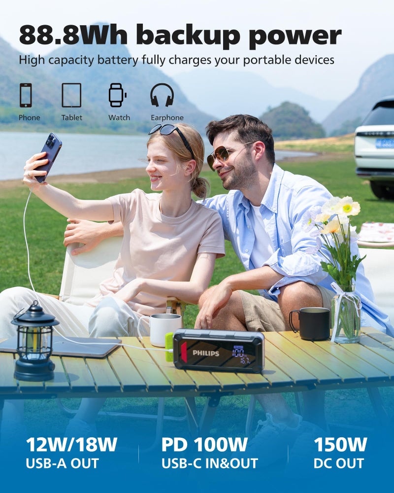 Philips فيلبس 3500A جهاز بدء تشغيل بطارية السيارة، 12V 24000mah بطارية ليثيوم محمولة لجهاز بدء التشغيل (محرك بنزين 11 لتر محرك ديزل 8 لتر) مع شحن سريع 100W، مخرج DC، شاشة LED، ضوء LED - Image 4