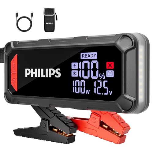 Philips فيلبس 3500A جهاز بدء تشغيل بطارية السيارة، 12V 24000mah بطارية ليثيوم محمولة لجهاز بدء التشغيل (محرك بنزين 11 لتر محرك ديزل 8 لتر) مع شحن سريع 100W، مخرج DC، شاشة LED، ضوء LED - Image 1