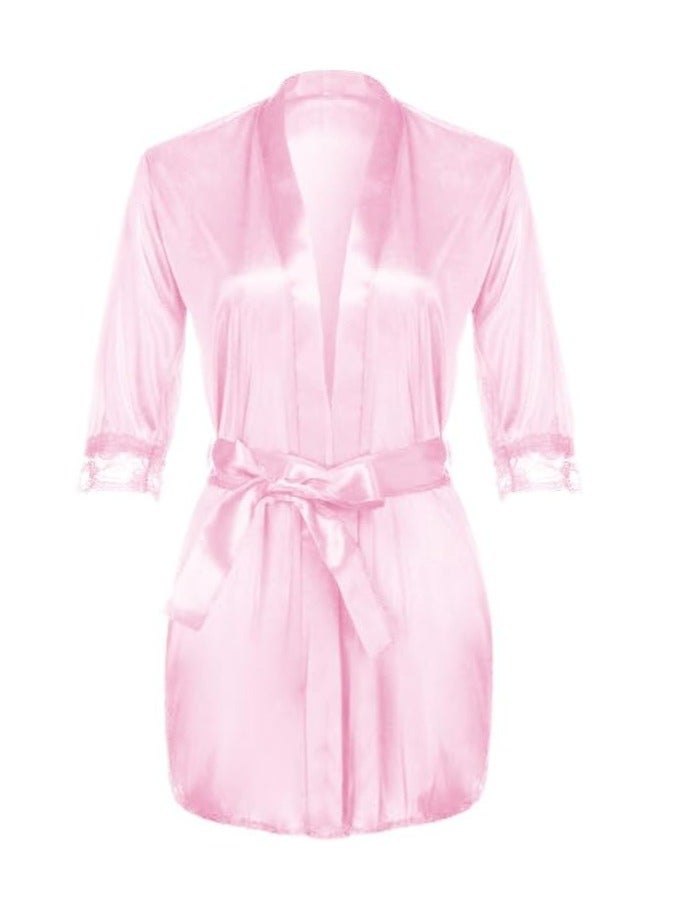 Satin Silk Pajamas Robe for Women Height 80cm Lace Short Sleeve Nightgown Underwear Lingerie Sleepwear Mini Nightdress Robe Free Size