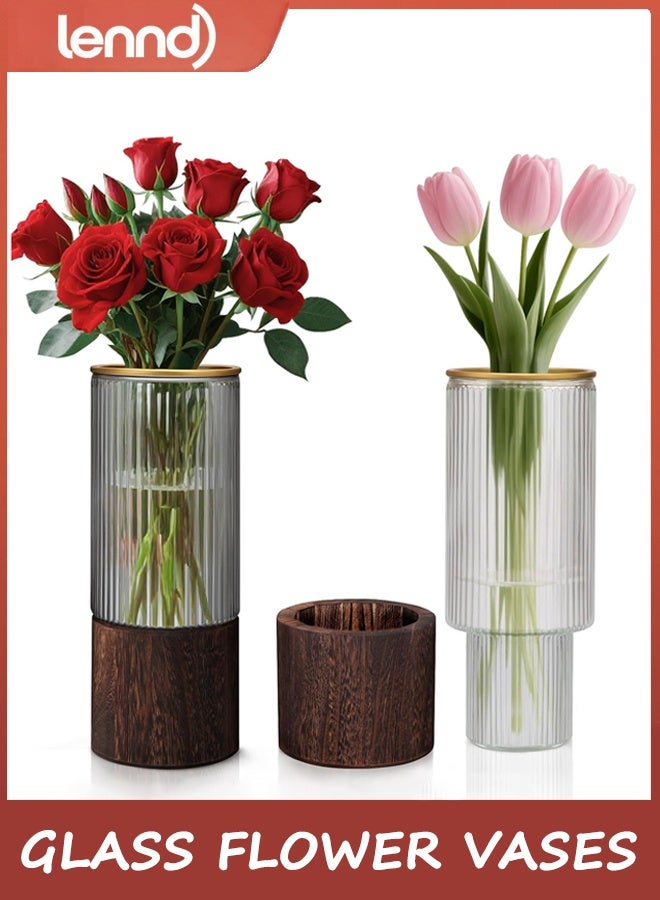 لينند زهرة الزجاج الزهرة,الزهرة الزهرة,الزهرة الزجاجية الفنية الخشبية الزهرة الأسطوانية القاعدة الخشبية,الزهرة الفاخرة الزهرة المركزية الزهرة الزهرة الحديثة للديكور المنزلي (الرمادي-L-10x25cm) - Image 1