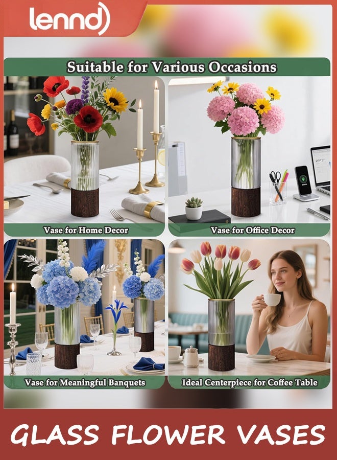 لينند زهرة الزجاج الزهرة,الزهرة الزهرة,الزهرة الزجاجية الفنية الخشبية الزهرة الأسطوانية القاعدة الخشبية,الزهرة الفاخرة الزهرة المركزية الزهرة الزهرة الحديثة للديكور المنزلي (الرمادي-L-10x25cm) - Image 3