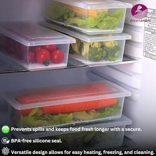 DIVAYANSHI Fridge Storage Containers (Pack Of 2), Fridge Organizer with Removable Drain Plate & Secure-Sealing Lids, Fridge Storage Boxes Keep Fruits, Vegetables Fresher, Container Box, 1500 ML - Image 2
