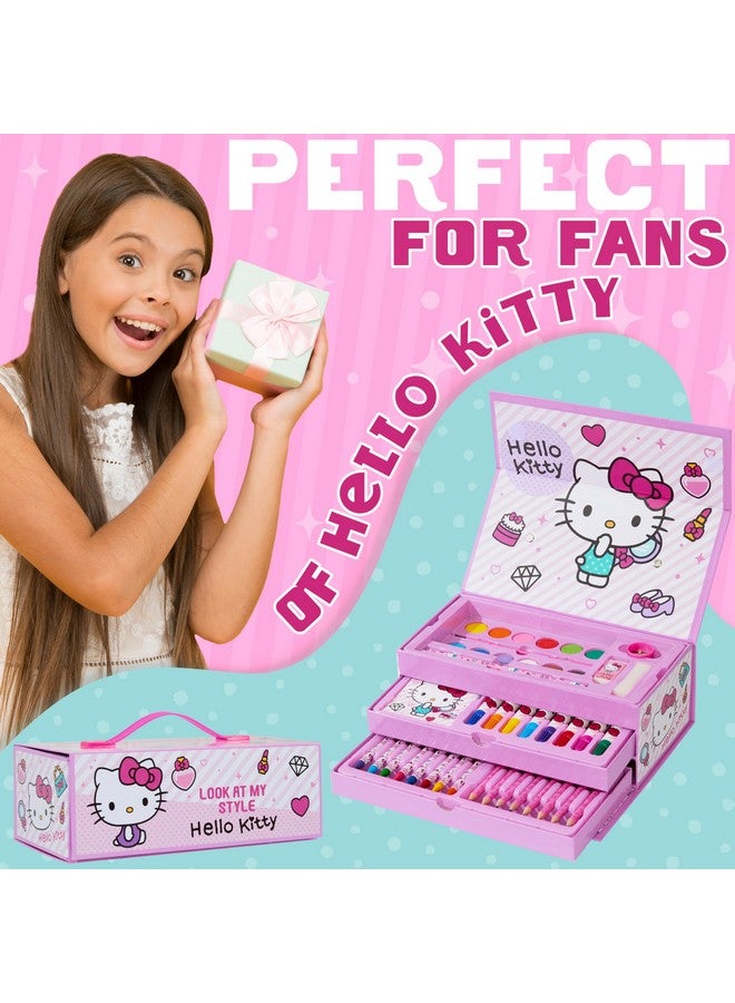 Hello Kitty أقلام تلوين هالو كيتي لوازم الفن مجموعة رسم للأطفال لوازم المدرسة مجموعة تلوين أقلام رسم للبنات مجموعة فن حقيبة سفر مع أقلام شمع للفنون والحرف للأطفال من 4-12 (وردي) - Image 3