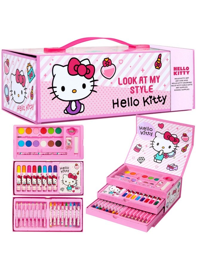 Hello Kitty أقلام تلوين هالو كيتي لوازم الفن مجموعة رسم للأطفال لوازم المدرسة مجموعة تلوين أقلام رسم للبنات مجموعة فن حقيبة سفر مع أقلام شمع للفنون والحرف للأطفال من 4-12 (وردي) - Image 1