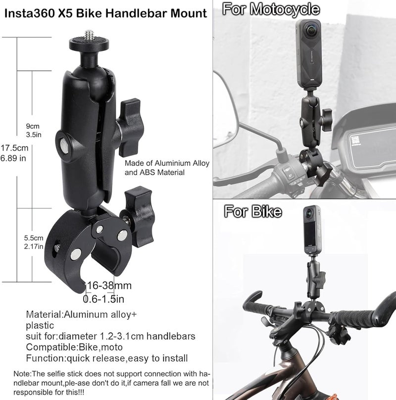 PellKing Camera Motorcycle Mount for Insta360 X5/X4/X3/X2,Double Super Clamp Mount Umbrella clamp Holder for Monitor Bracket Magic Socket Arm with 1/4 Thread for Moto Bike Bicycle Handlebar - Image 5