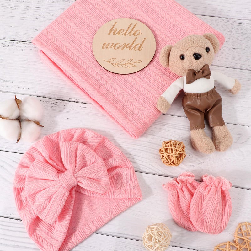 Aqokka Newborn Receiving Blanket With Bow Hat Mittens Wooden Card Set Wheat-Pattern Newborns Toddler Baby Boy Girl Nursery Swaddle Wrap - Image 2
