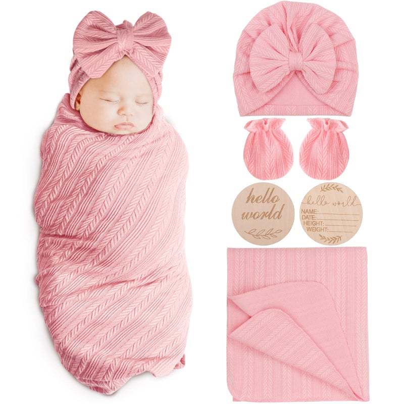 Aqokka Newborn Receiving Blanket With Bow Hat Mittens Wooden Card Set Wheat-Pattern Newborns Toddler Baby Boy Girl Nursery Swaddle Wrap - Image 1