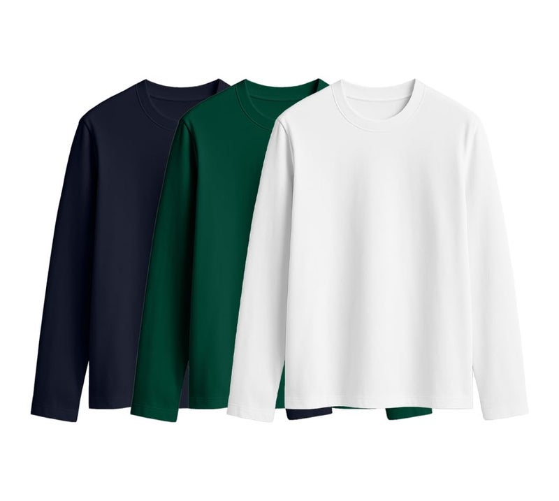 JUNEBERRY® Cotton Round Neck Regular Fit Plain Solid Full Sleeve T-Shirt Combo for Women (Pack of 3) (PO3_JB_FS_WT_GR_NY_L) - Image 1