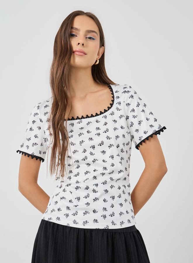 Take Two Floral Print Short Sleeve Lace Trim Top - Image 1