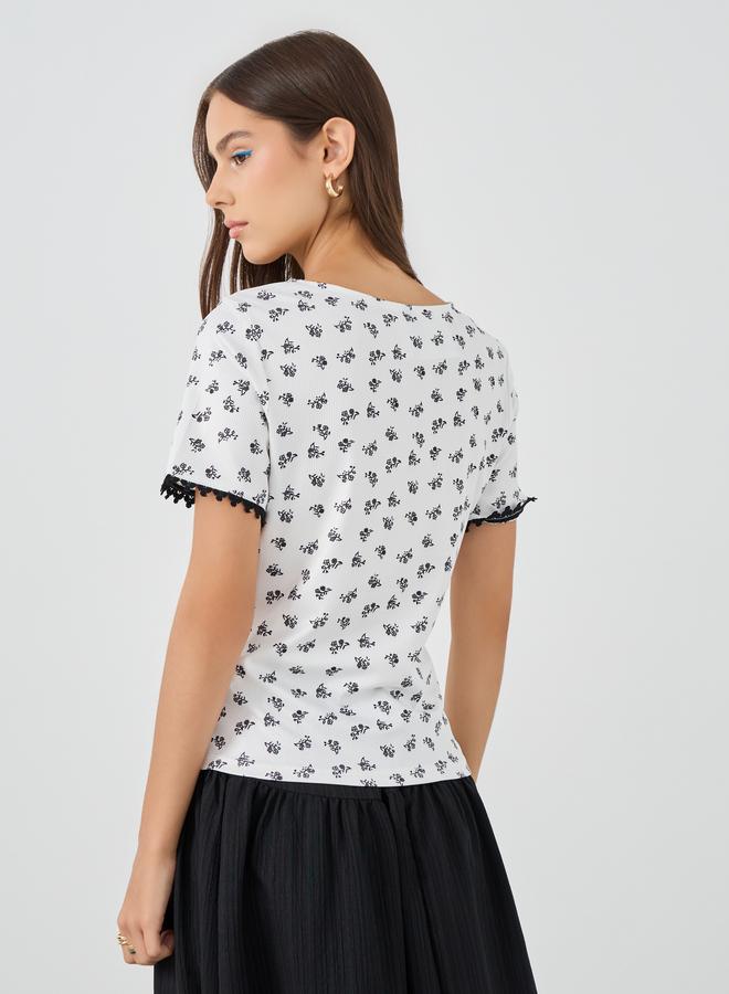Take Two Floral Print Short Sleeve Lace Trim Top - Image 4