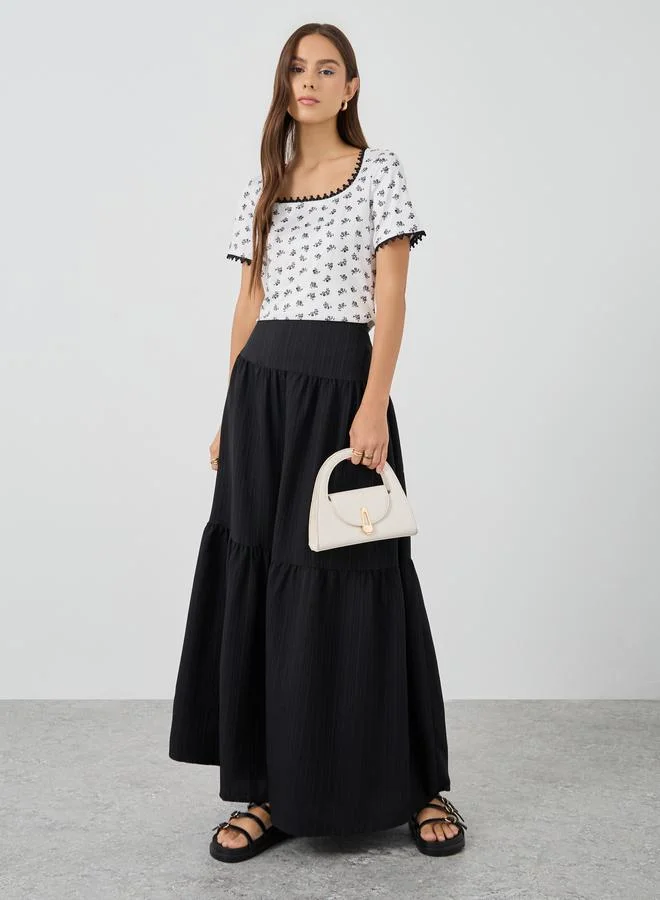Take Two Take Two Floral Print Short Sleeve Lace Trim Top