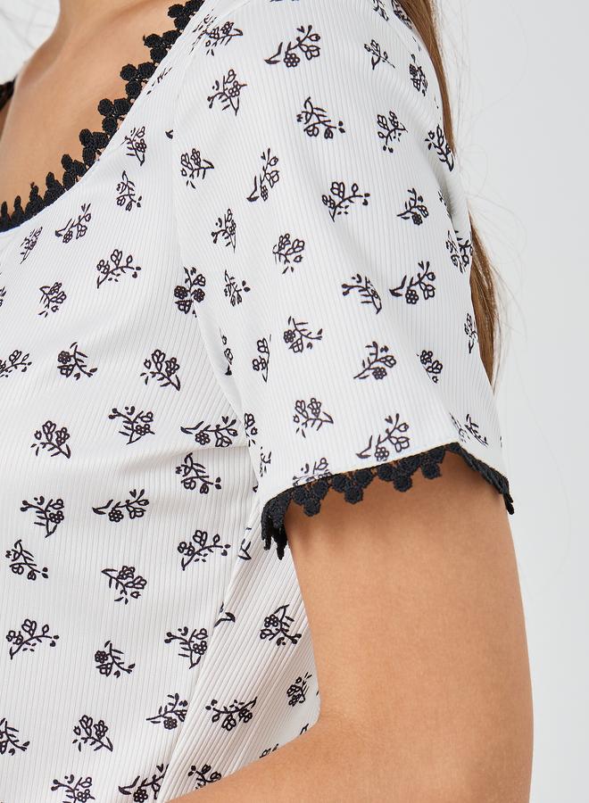 Take Two Floral Print Short Sleeve Lace Trim Top - Image 3