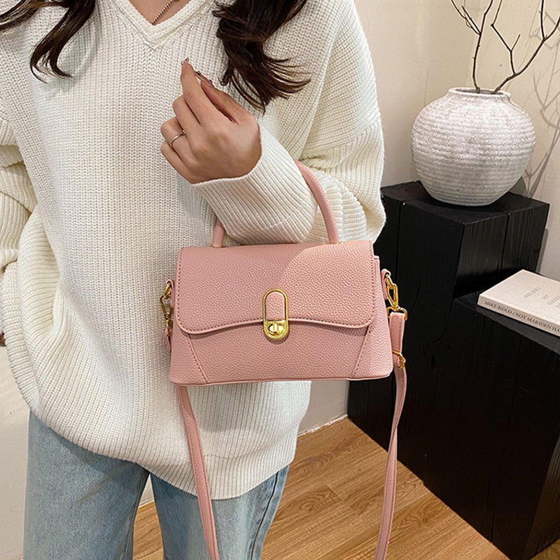 JINGTIANCD Vintage Square Satchel Crossbody Bag for Women - Leather Top Handle Purse with Adjustable Strap, Elegant Retro Day Clutch (Pink) - Image 2